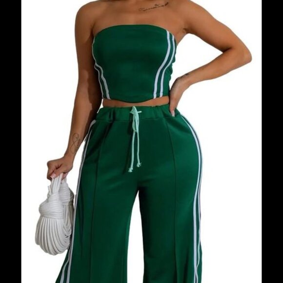 Women's 2 Piece Hunter Green White Crop Top High Waist Wide Leg Pants Size: - Picture 7 of 8